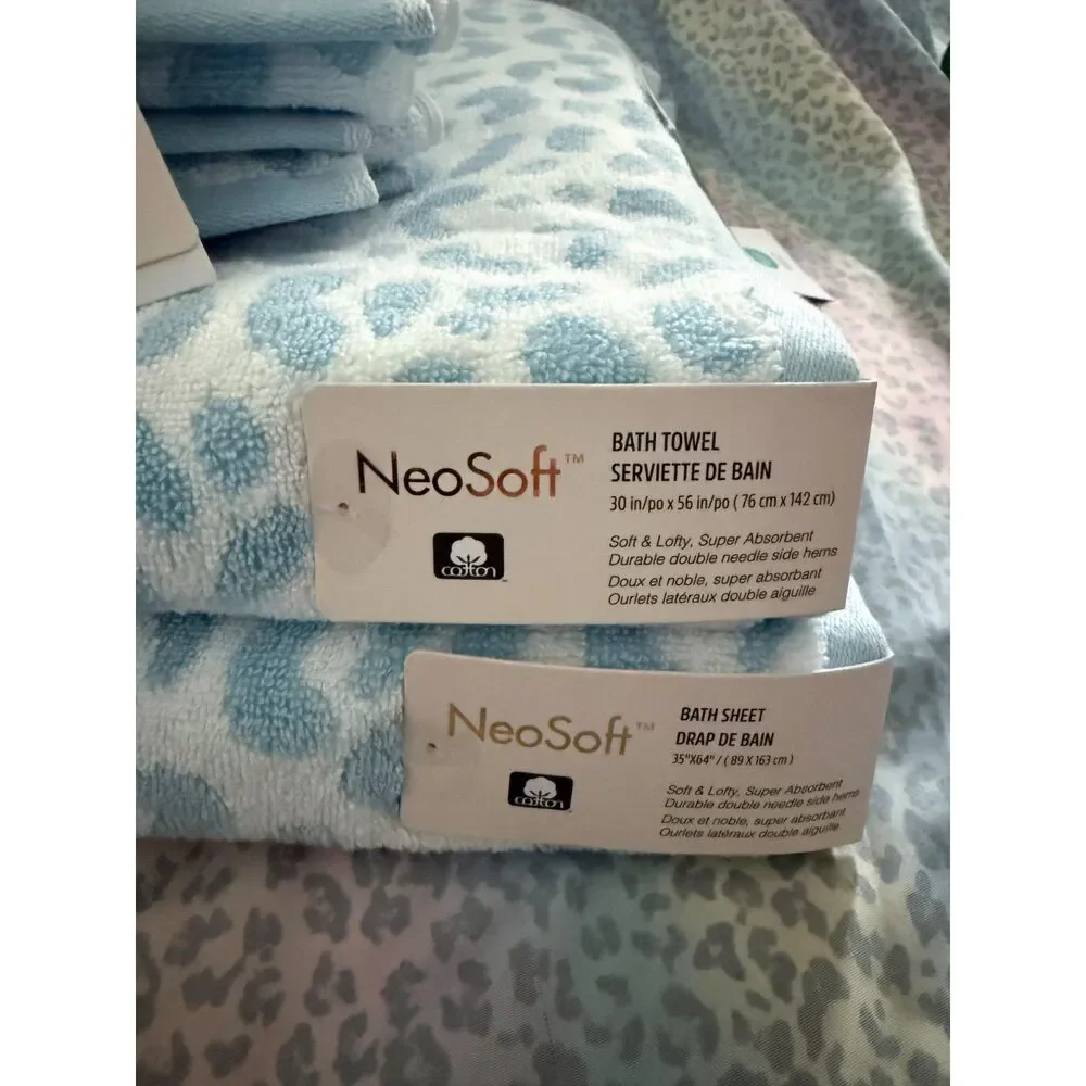 NeoSoft Blue Leopard Print Cotton Bath Sheet, Bath, 2 x Hand Towels reversable
